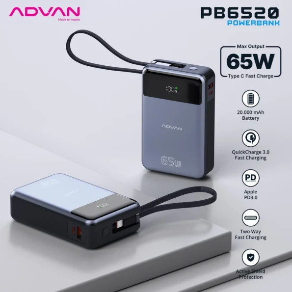 ADVAN Powerbank Suppport Laptop 65W Fast Charging 20.000 mAh Type C Quick Charge - Image 8
