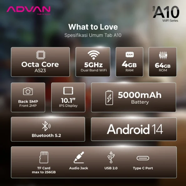 ADVAN TAB A10 Wifi 4GB/64GB 10.1”IPS Screen Tablet Android 14 - Image 2