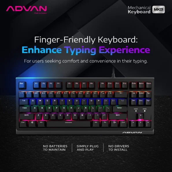 Mechanical Keyboard Advan MK01 Gaming Keyboard TKL 87 KeysRainbow Backlit - Garansi 1 Tahun