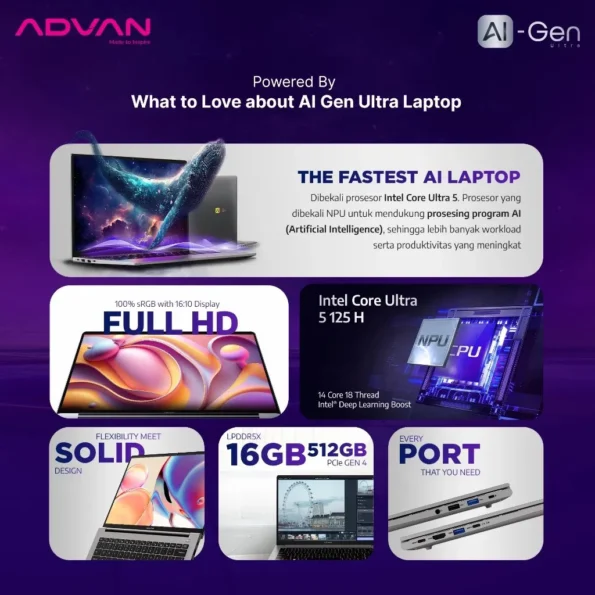 ADVAN Laptop AI Gen ULTRA Prosesor Intel Core Ultra 5 125H 16GB 512GB Windows 11 - Image 4