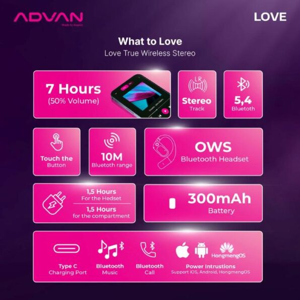 ADVAN TWS Earphone Earhook Wireless Bluetooth Love V5.4 Olahraga Headset - BLACK - Image 3