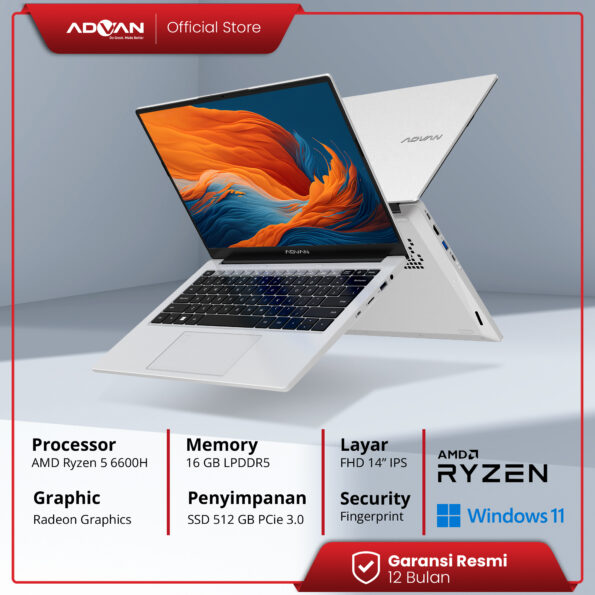 ADVAN Laptop Workplus AMD RYZEN 5 6600H RYZEN 7 7735HS 14'' FHD IPS 512GB Windows 11 - Ryzen 5 - Image 9
