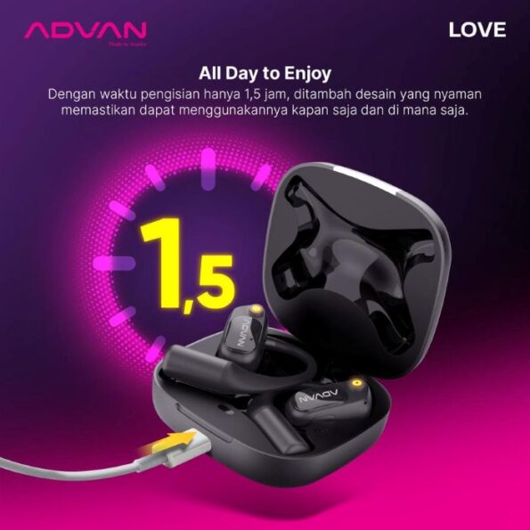 ADVAN TWS Earphone Earhook Wireless Bluetooth Love V5.4 Olahraga Headset - BLACK - Image 2