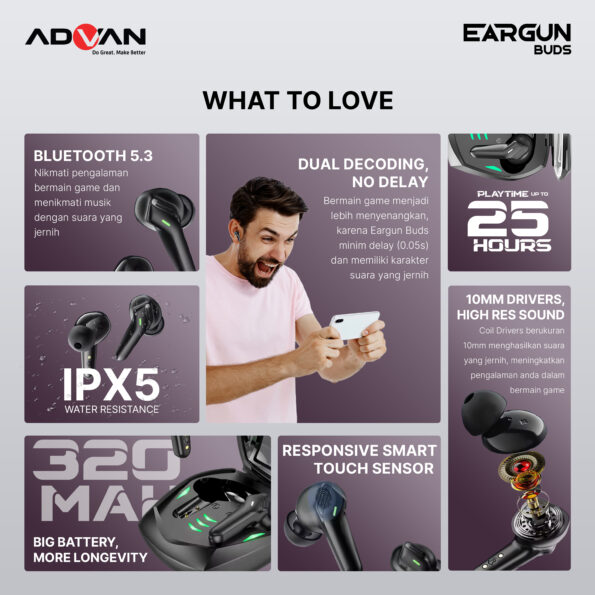 True Wireless Earphone Gaming Advan Eargun Buds Bluetooth 5.3 Earbuds TWS - Image 8