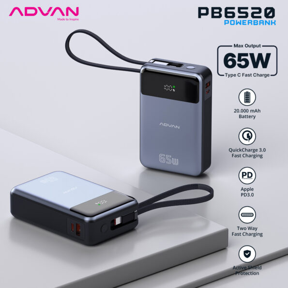 ADVAN Powerbank PB6520 20000 mAh Fast Charging 65W TYPE C Quick Charge - Image 2