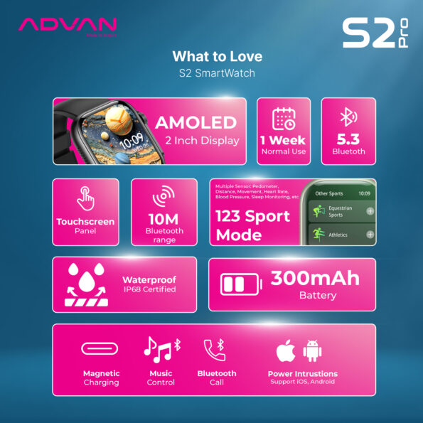 ADVAN Smartwatch S2 PRO Amoled 1.95 inch Slim AI Voice Bluetooth Call Waterproof - BLACK - Image 3