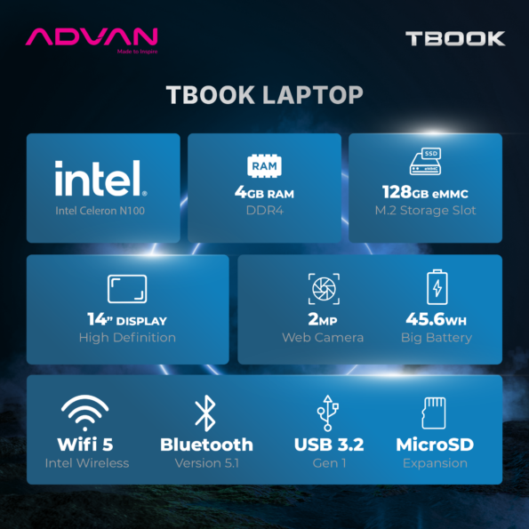 ADVAN TBOOK Intel N100 4GB/128GB 14" HD Laptop Notebook Free Windows 11 Upgradeable - Image 2