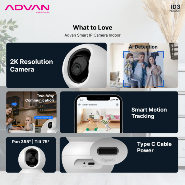 ADVAN Smart IP Camera ID3 CCTV 3MP 2K Indoor CCTV WIFI PTZ - Image 3