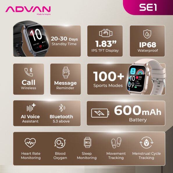 ADVAN Smartwatch SE1 AI Voice Assistant IPS 1.83″ Bluetooth Call Waterproof IP68 - Image 3